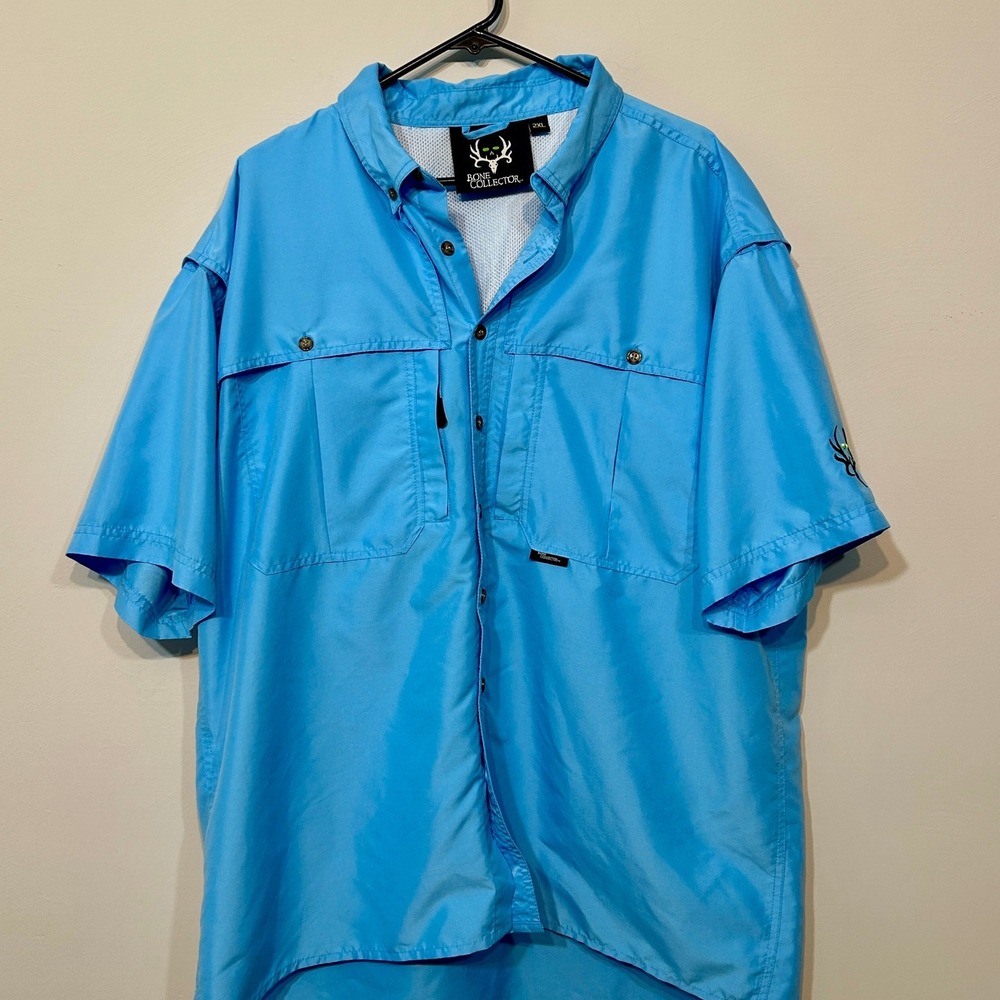 Bone Collector Fishing Shirt Mens 2XL Blue Excellent Vented Performance ButtonUp